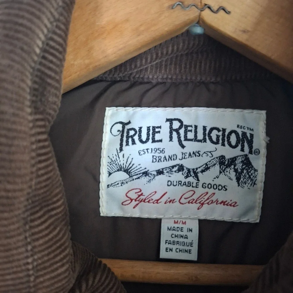 True Religion Corduroy Puffer Vest Men's Medium M Brown Aztec Serape Yoke Y2K